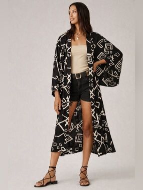 NWOT Anthropologie Graphic Kimono Black Ivory Geometric Duster One Size Boho OS